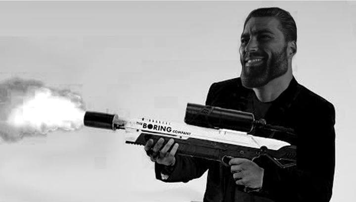 Muscular man holding a unique weapon with smoke.