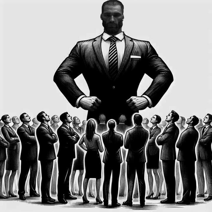 A tall confident man stands over a group of businessmen and women.