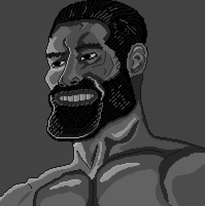 Pixel art of a muscular man with a big smile.