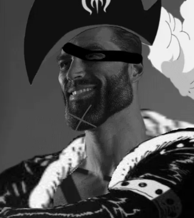 Muscular pirate character smiling confidently in stylish attire.