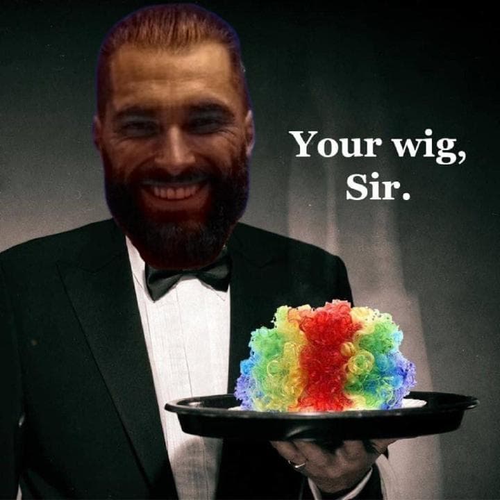 A man in a tuxedo serves a colorful dessert with a humorous expression.